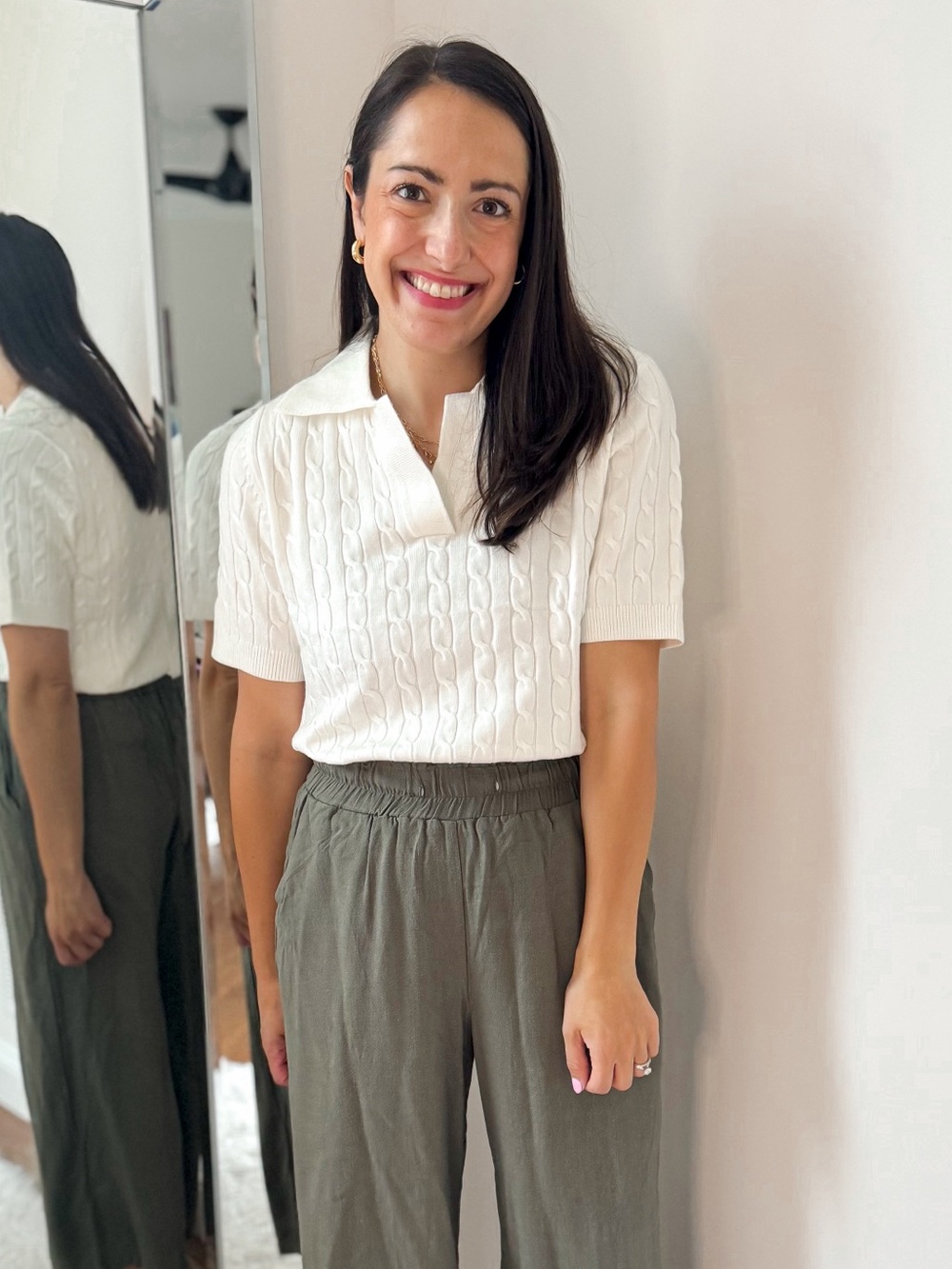 Women's White Cable-Knit Polo Sweater Top